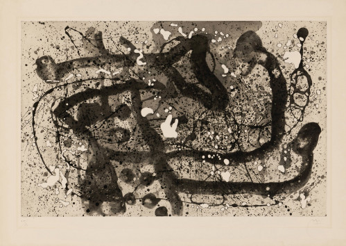 Joan Miró Les Geants III aquatint with black gestural marks and splatters on cream paper with embossing and textured surface