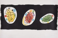 Joan Miró lithograph with three abstract colored shapes in white ovals on black field, signed and numbered, 1968