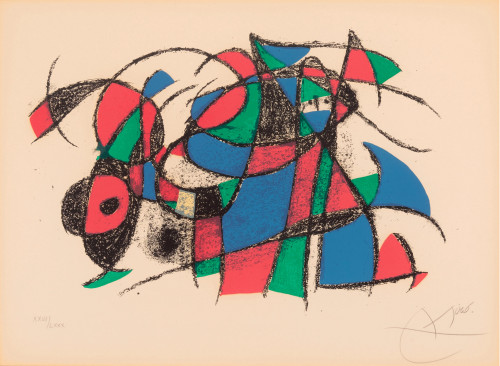 Joan Miró Lithographe II lithograph, abstract black lines enclosing red, green, and blue shapes on off-white background. Joan Miró Lithographe II lithograph, abstract black lines enclosing red, green, and blue shapes on off-white background.