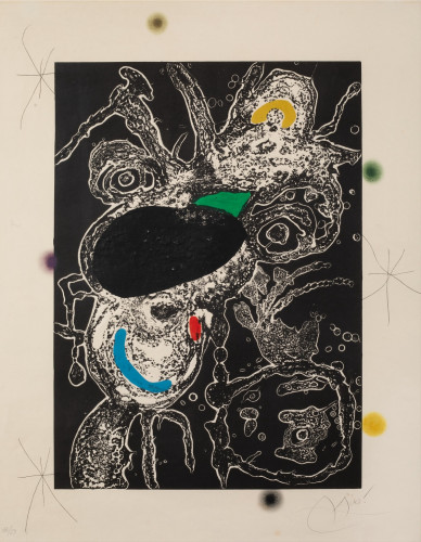 Joan Miró Plate III etching with black biomorphic forms and colorful accents on cream background with star-like line drawings.
