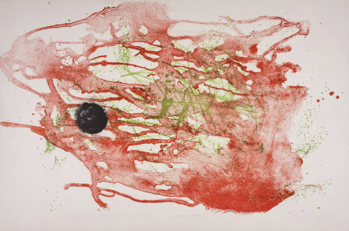 Joan Miró Series I red wash lithograph with red and green fluid forms and bold black circle, signed HC, 1961