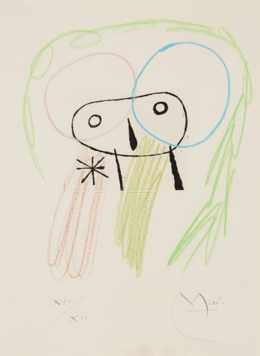 Joan Miró Untitled aquatint with crayon showing abstract face with colorful circular forms and black linear accents
