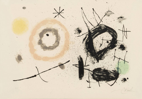 Joan Miró Untitled lithograph with abstract black forms, ink splashes, and soft color circles on cream background