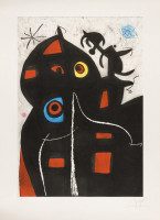 Joan Miró's Pantagruel, 1978, etching and aquatint with bold black shapes, red, yellow, blue circles, and abstract figure, on textured background.
