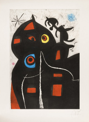 Joan Miró's Pantagruel, 1978, etching and aquatint with bold black shapes, red, yellow, blue circles, and abstract figure, on textured background.