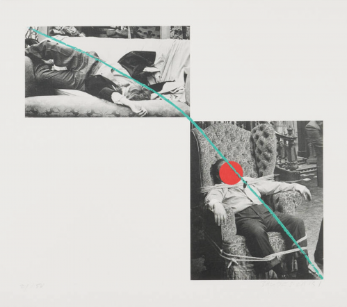 John Baldessari Tristam Shandy 2 lithograph with black-and-white film stills, red circle over face, and turquoise diagonal line