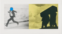 John Baldessari Tristam Shandy 5 lithograph showing man running with blue dot on face beside yellow-toned scene of figures carrying coffin