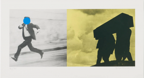 John Baldessari Tristam Shandy 5 lithograph showing man running with blue dot on face beside yellow-toned scene of figures carrying coffin