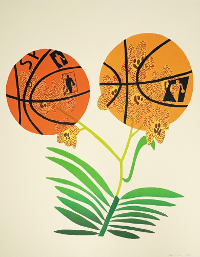 Jonas Wood Double Basketball Orchid 2017 lithograph with orchids shaped like basketballs and green leaves below.