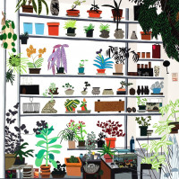 Jonas Wood Large Shelf Still Life 2017 offset lithograph depicting colorful potted plants and objects arranged on shelves