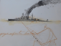 José Bedia Güije espíritu burlón etching with smoking warship and red line drawing of mythical figure below with a text.