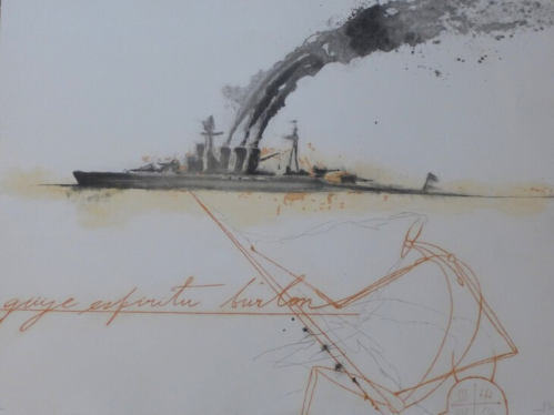José Bedia Güije espíritu burlón etching with smoking warship and red line drawing of mythical figure below with a text.