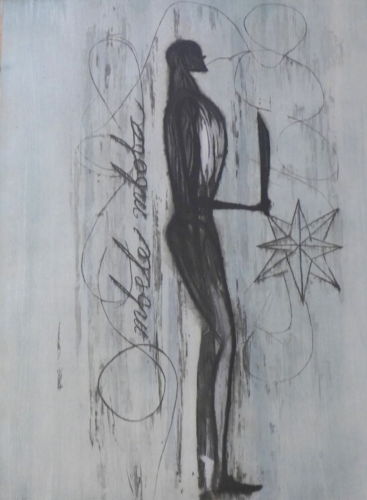 José Bedia Mbele mboba etching with elongated figure holding blade and multi-pointed star, surrounded by swirling lines