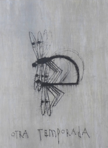José Bedia Otra Temporada etching depicting a darkly outlined insect form tethered to a loop with text OTRA TEMPORADA below.