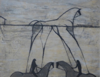 José Bedia Sunka Wakan etching showing riders on horses beneath a large outlined horse on textured