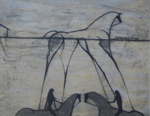 José Bedia Sunka Wakan etching showing riders on horses beneath a large outlined horse on textured, earthy background.