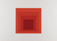 Josef Albers JHM-I screenprint with nested red squares on white background exploring optical color interaction.