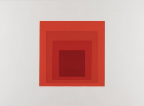 Josef Albers JHM-I screenprint with nested red squares on white background exploring optical color interaction.
