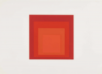 Josef Albers JHM-II screenprint with nested red and orange squares on white background exploring color perception.