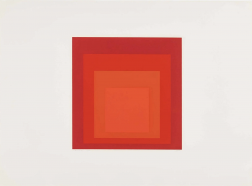 Josef Albers JHM-II screenprint with nested red and orange squares on white background exploring color perception.