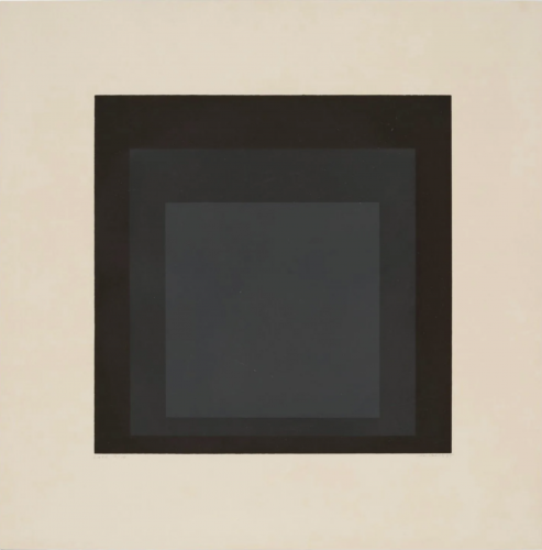 Josef Albers Late color screenprint with nested black and gray squares on cream background from Soft Edge-Hard Edge series.