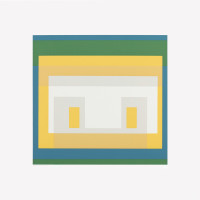 Josef Albers, Variants II, screenprint with overlapping rectangles in green, yellow, blue, and white, exploring color relationships and optical play.