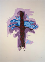 Jörg Immendorff's AT-Aquarell, silkscreen print of tree-like structure with blue hands against purple and pink abstract background.
