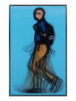 Julian Opie Academic lenticular print of stylized figure walking with backpack against bright blue background, layered to show motion.