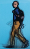 Julian Opie Academic lenticular print of stylized figure walking with backpack against bright blue background, layered to show motion.