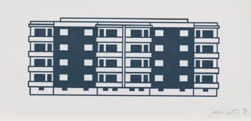 Julian Opie Apartment 4 woodcut of simplified blue and white apartment block with geometric windows and balconies in flat graphic style