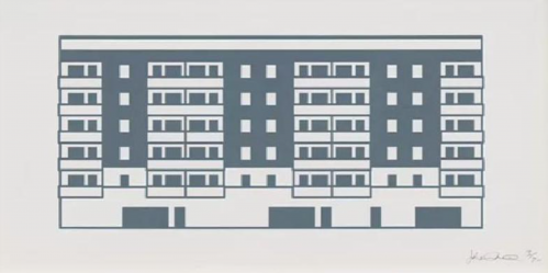 Julian Opie Apartment 7 woodcut of stylized blue and white apartment building with repetitive balconies and windows in flat design