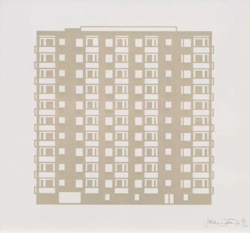 Julian Opie Apartment 8 woodcut showing beige high-rise building with grid of windows and balconies in flat graphic style
