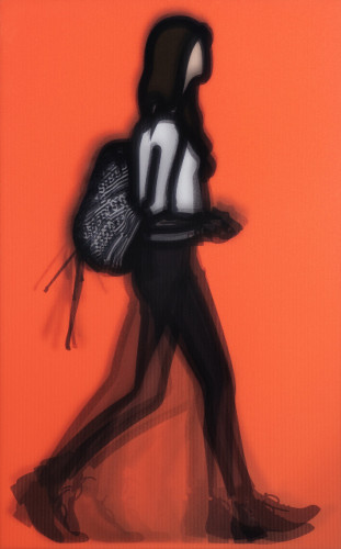 Julian Opie Architect lenticular print shows a walking woman with backpack in profile against a vivid orange background.