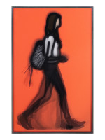 Julian Opie Architect lenticular print shows a walking woman with backpack in profile against a vivid orange background.