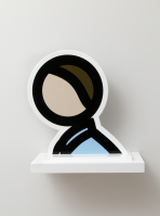 Julian Opie Bobby screenprint sculpture on aluminium shows minimal head and torso with black outlines and blue clothing.