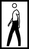 Julian Opie Bruce Walking computer animation showing a minimal black-outlined male figure walking in loop on white background. 