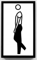 Julian Opie Bruce Walking computer animation showing a minimal black-outlined male figure walking in loop on white background. 