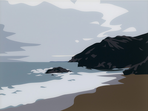 Julian Opie, Cornish Coast 1: Lantic Bay, digital print depicting a minimalist shoreline with waves, cliffs, and a cloudy sky.