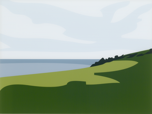 Julian Opie, Cornish Coast 1: Lantivet Coast, digital print, minimalist coastal landscape with green fields, blue sea, and soft sky.