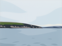 Julian Opie, Cornish Coast 1: Polridmouth Coast, digital print, minimalist coastal landscape with blue sea and soft hills.