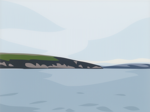 Julian Opie, Cornish Coast 1: Polridmouth Coast, digital print, minimalist coastal landscape with blue sea and soft hills.