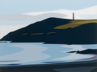 Julian Opie Cornish Coast Gribbin Head digital print depicting minimalist coastal landscape with sea, hill, and lighthouse.