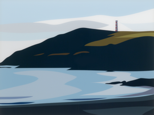 Julian Opie Cornish Coast Gribbin Head digital print depicting minimalist coastal landscape with sea, hill, and lighthouse.