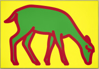Julian Opie Deer 4 aluminum and nylon lightbox with green deer outlined in red on yellow background.