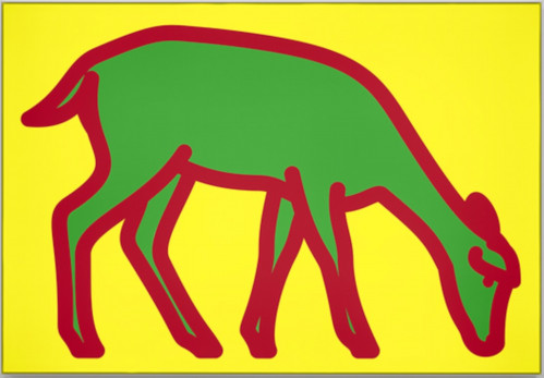 Julian Opie Deer 4 aluminum and nylon lightbox with green deer outlined in red on yellow background.