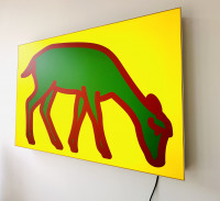 Julian Opie Deer 4 aluminum and nylon lightbox with green deer outlined in red on yellow background.