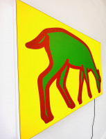 Julian Opie Deer 4 aluminum and nylon lightbox with green deer outlined in red on yellow background.