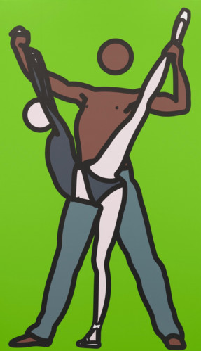Julian Opie Eric and Sarah 2 vinyl on wood showing stylized dancers in lift pose against bright green background. 