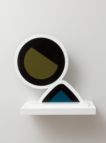 Julian Opie Faime screenprint on aluminium shows abstract figure with green face and blue angular torso in circular form.