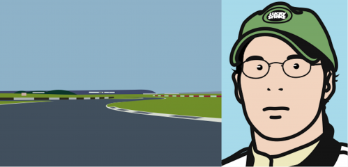 Julian Opie Imagine you are driving (fast) mixed media on paper with a stylized driver and racetrack in bold flat colors. 